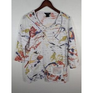 Ali Miles Shirt Womens Small White Multicolor‎ Mesh Pockets Art Print Tunic Top